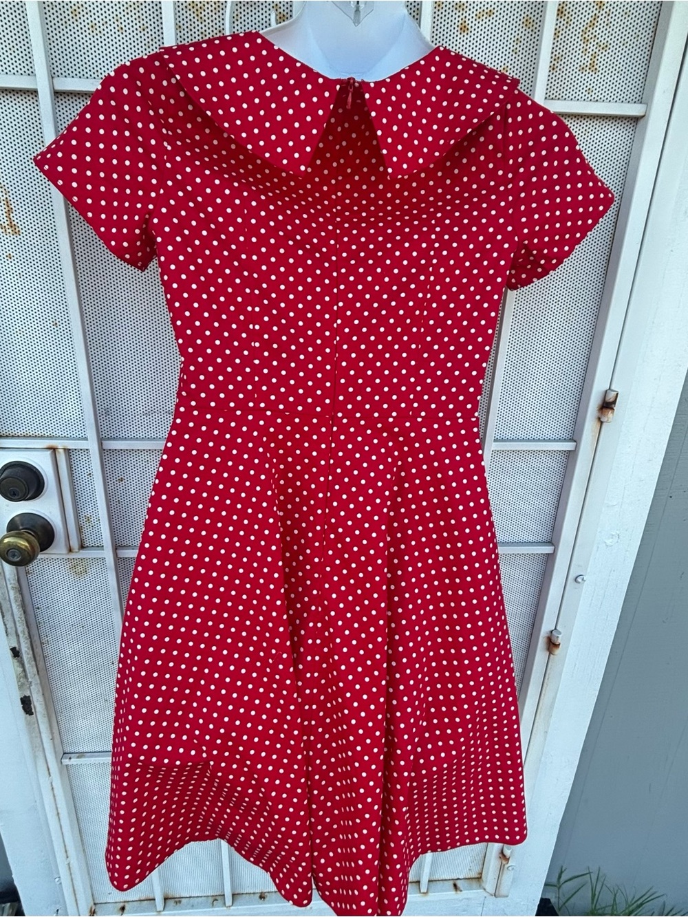 Vintage-Inspired Red Polka Dot Dress M with Peter Collar S/S fit & flare - Picture 4 of 7